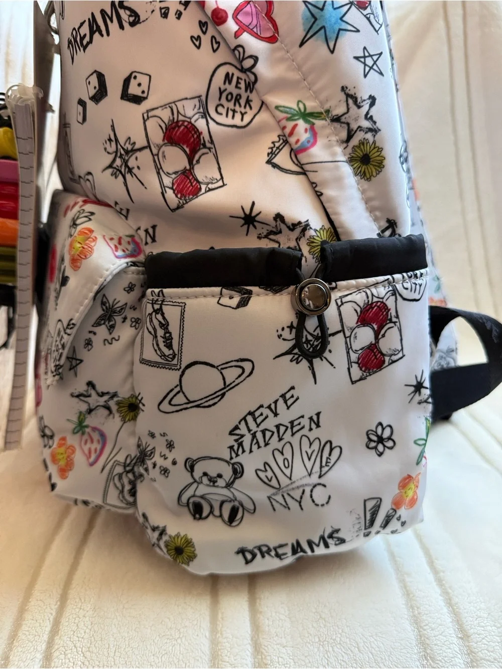 Steve Madden White Graphic Backpack with Panda Charm & Notebook